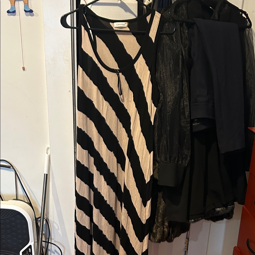 Calvin Klein Black and Cream Striped Maxi Dress